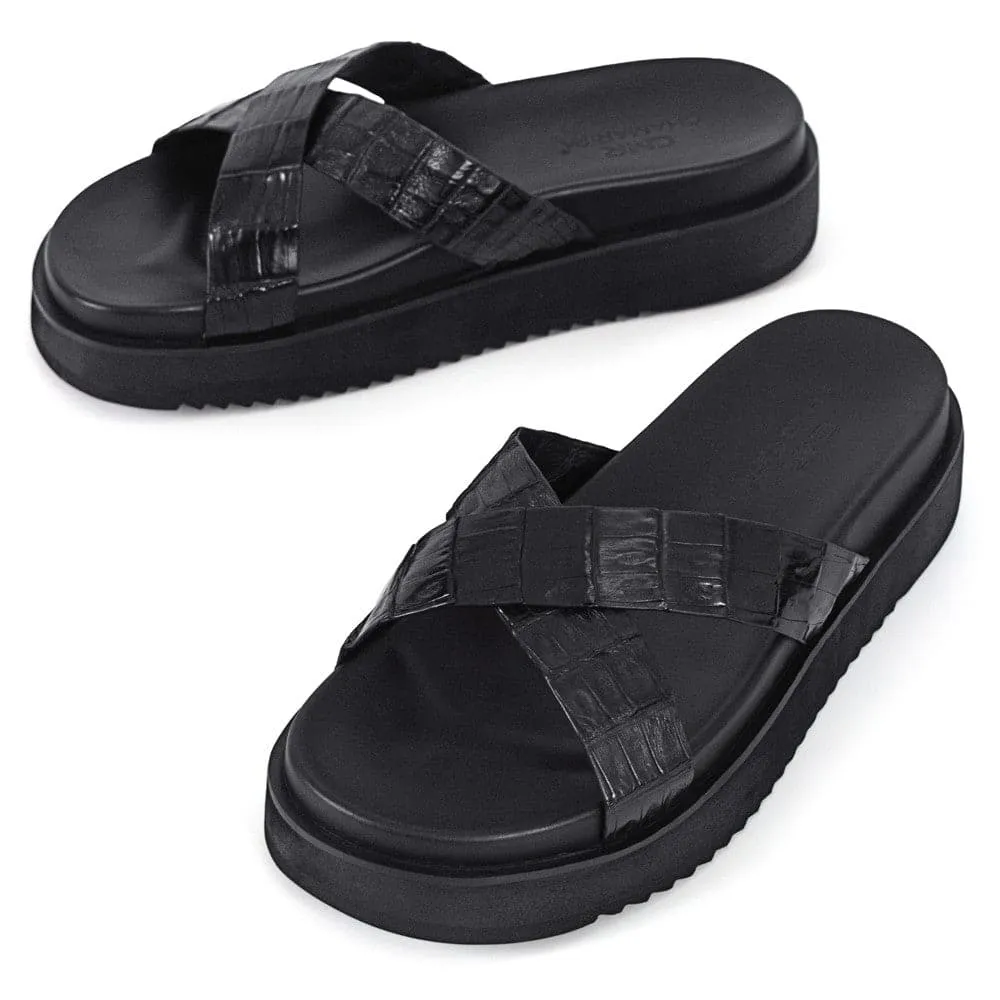 5CM / 1.95 Inches CMR CHAMARIPA  Elevate Your Style with Black Crocodile Leather Men's Elevator Sandals - 5cm / 1.95 Inches Height Increase!