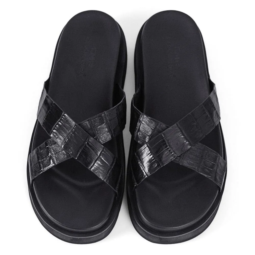 5CM / 1.95 Inches CMR CHAMARIPA  Elevate Your Style with Black Crocodile Leather Men's Elevator Sandals - 5cm / 1.95 Inches Height Increase!