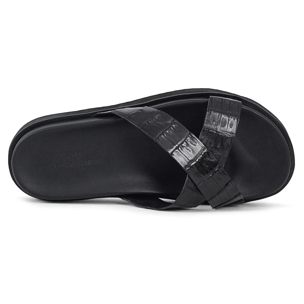 5CM / 1.95 Inches CMR CHAMARIPA  Elevate Your Style with Black Crocodile Leather Men's Elevator Sandals - 5cm / 1.95 Inches Height Increase!