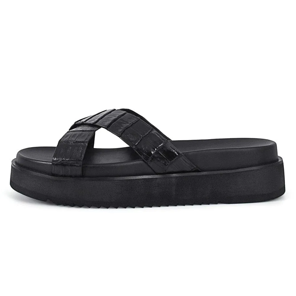 5CM / 1.95 Inches CMR CHAMARIPA  Elevate Your Style with Black Crocodile Leather Men's Elevator Sandals - 5cm / 1.95 Inches Height Increase!