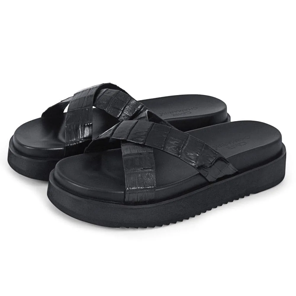5CM / 1.95 Inches CMR CHAMARIPA  Elevate Your Style with Black Crocodile Leather Men's Elevator Sandals - 5cm / 1.95 Inches Height Increase!