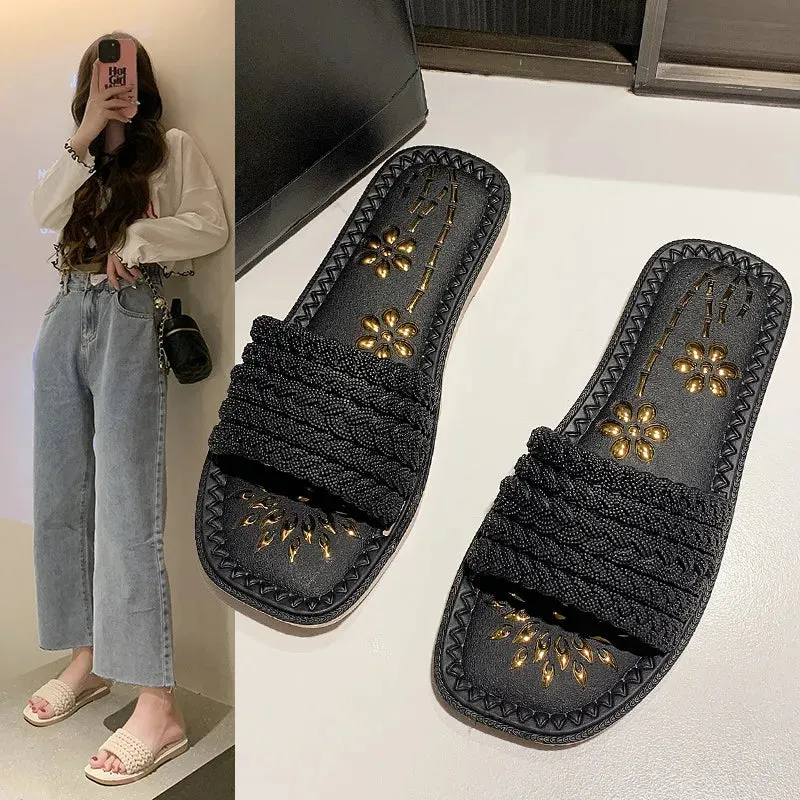 Breathable Woven Slippers Women Outdoor Sandal Summer Flats Shoes Seaside Beach Flip-Flops