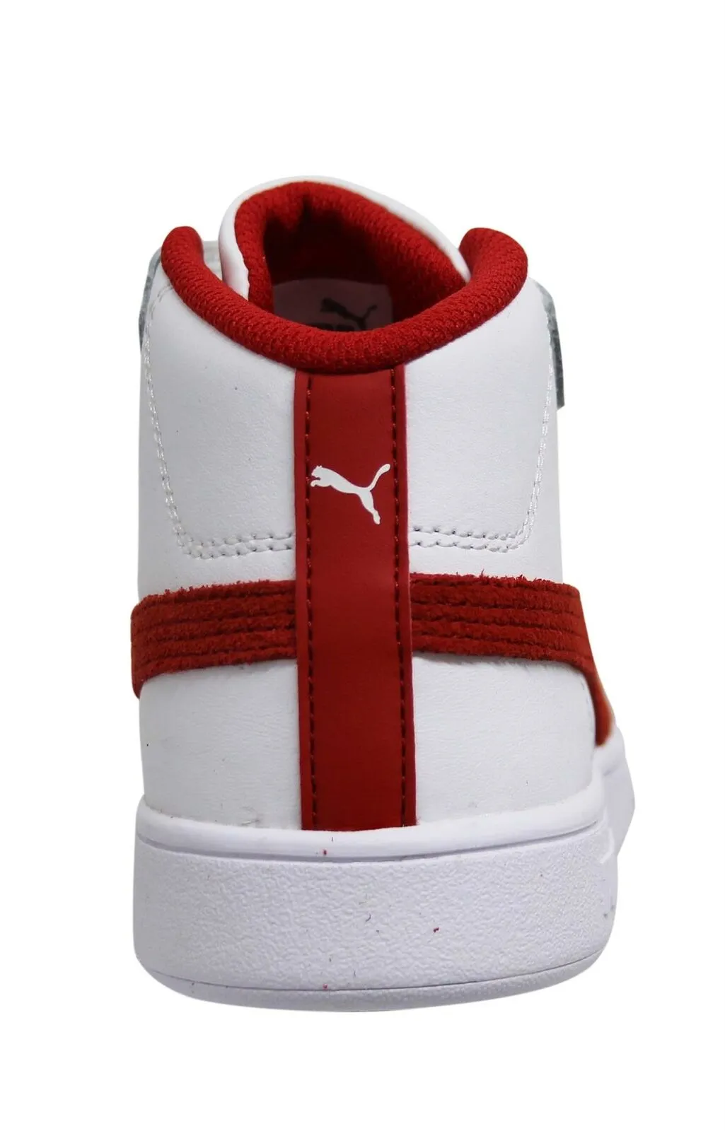 Puma Smash v2 Mid White Red Leather Hook & Loop Lace Up Kids Trainers 366891 02