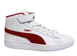 Puma Smash v2 Mid White Red Leather Hook & Loop Lace Up Kids Trainers 366891 02