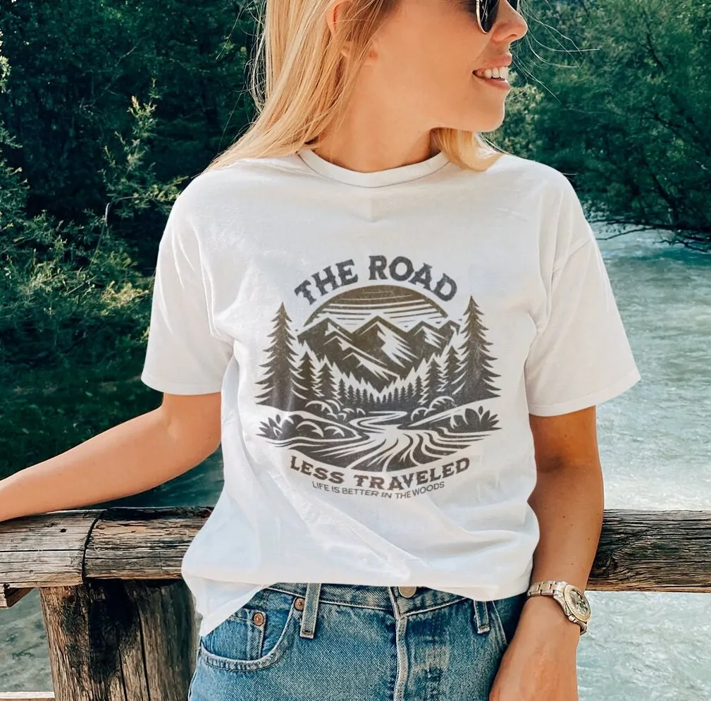Rustic Mountain Adventure T-Shirt, Nature Hiking Graphic Tee, The Road Less Traveled Shirt, Outdoor Enthusiast Camping Top, Unisex