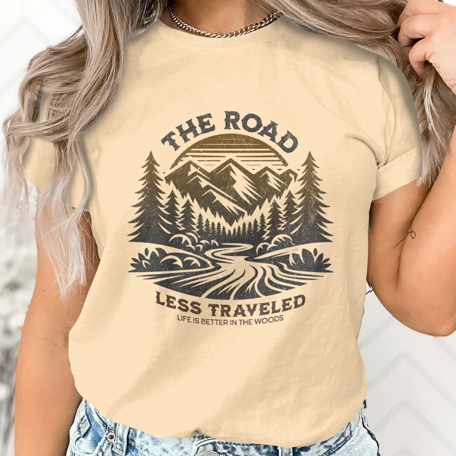 Rustic Mountain Adventure T-Shirt, Nature Hiking Graphic Tee, The Road Less Traveled Shirt, Outdoor Enthusiast Camping Top, Unisex