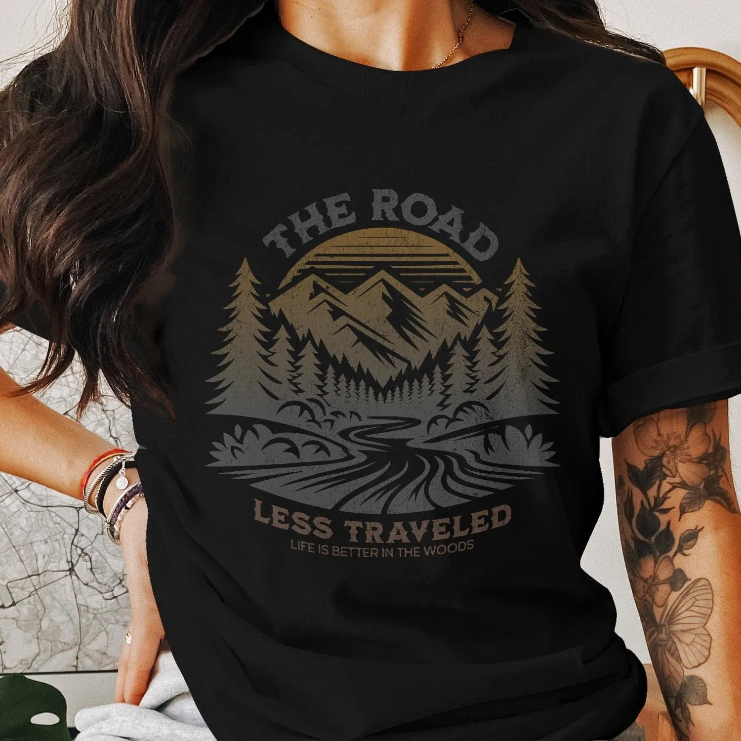 Rustic Mountain Adventure T-Shirt, Nature Hiking Graphic Tee, The Road Less Traveled Shirt, Outdoor Enthusiast Camping Top, Unisex