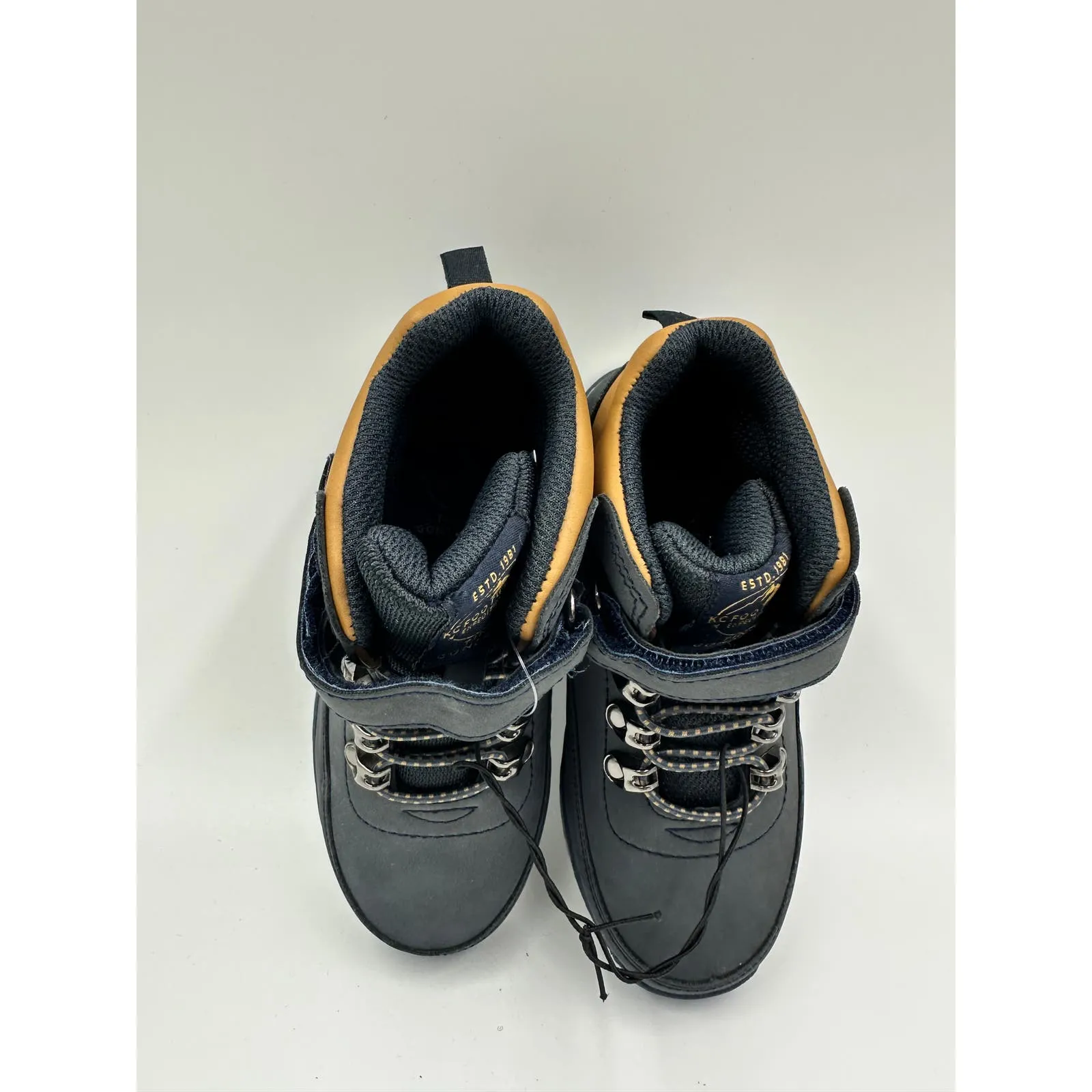 Small Kid Size 12, Preppy High Top Navy Hiking Boots w/ Gray and Brown Accents