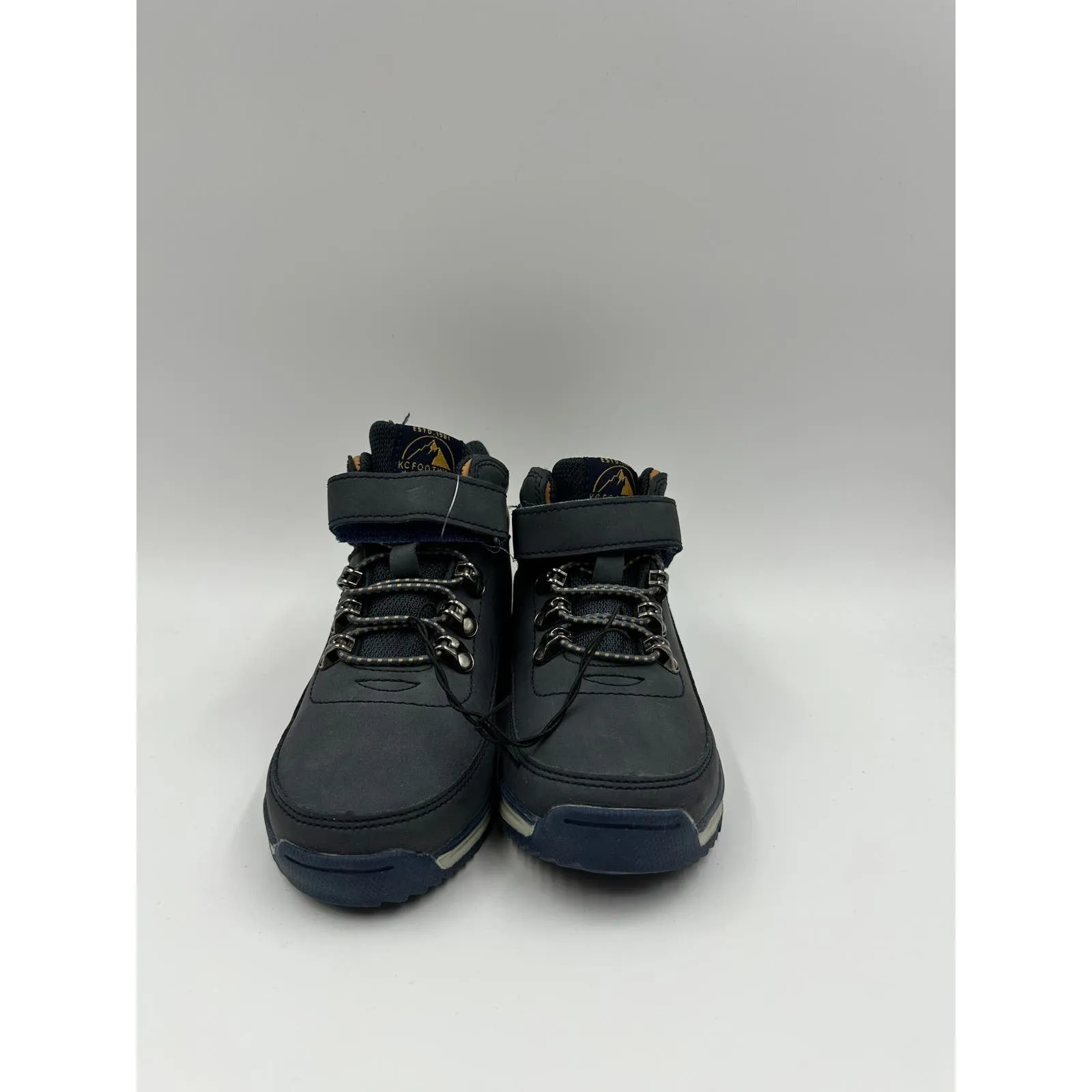 Small Kid Size 12, Preppy High Top Navy Hiking Boots w/ Gray and Brown Accents