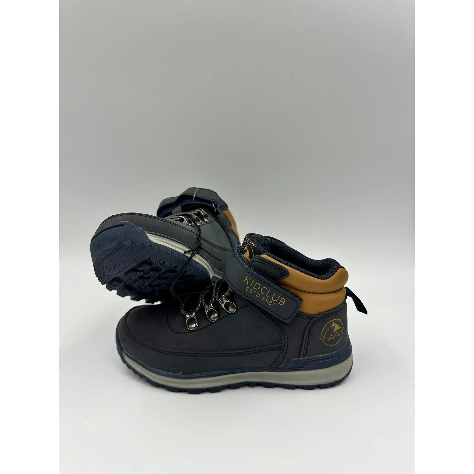 Small Kid Size 12, Preppy High Top Navy Hiking Boots w/ Gray and Brown Accents